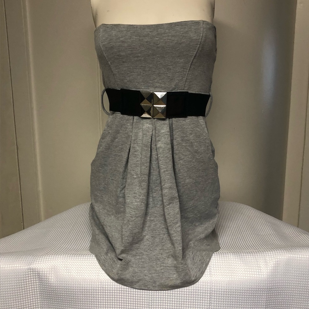 0 FLUX Strapless Gray Empire Waist Mini Dress Pockets stretch Belt 90’s Y2K Sz S - Picture 2 of 7
